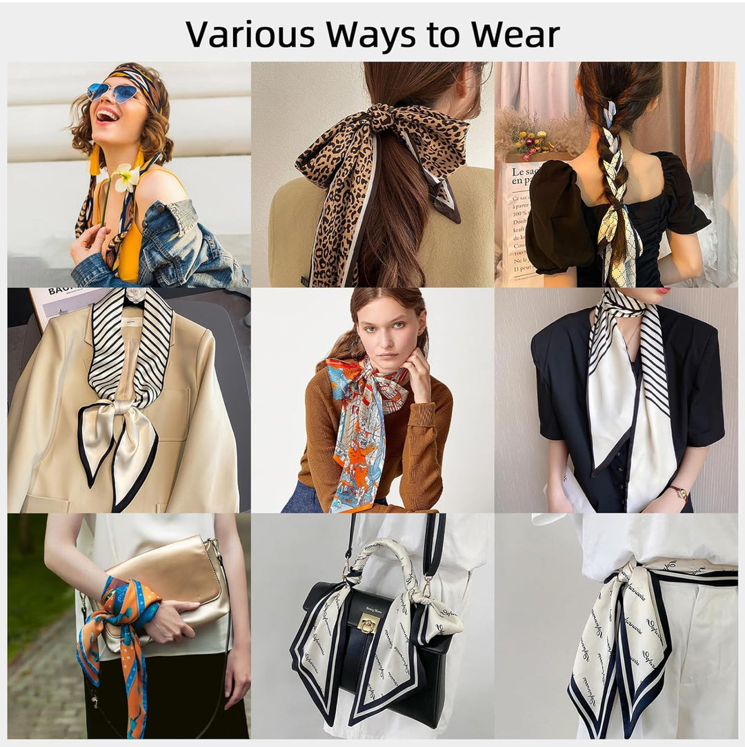 Silk scarves styled as headband, ponytail tie, neck scarf, bag accessory, and belt; available in S/M/L sizes.