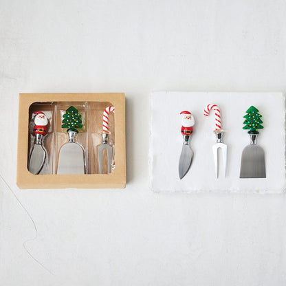 Cheese Knives with Hand-blown Glass Holiday Icon Handle, Boxed