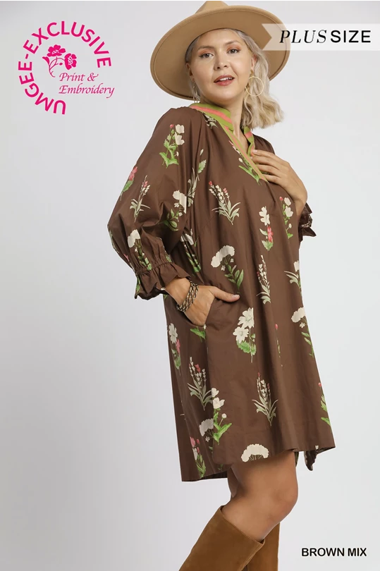 Janie Floral Tunic Dress in brown mix, long sleeves, pockets. Available in plus sizes. Text: "EXCLUSIVE," "PLUS SIZE," "BROWN MIX.