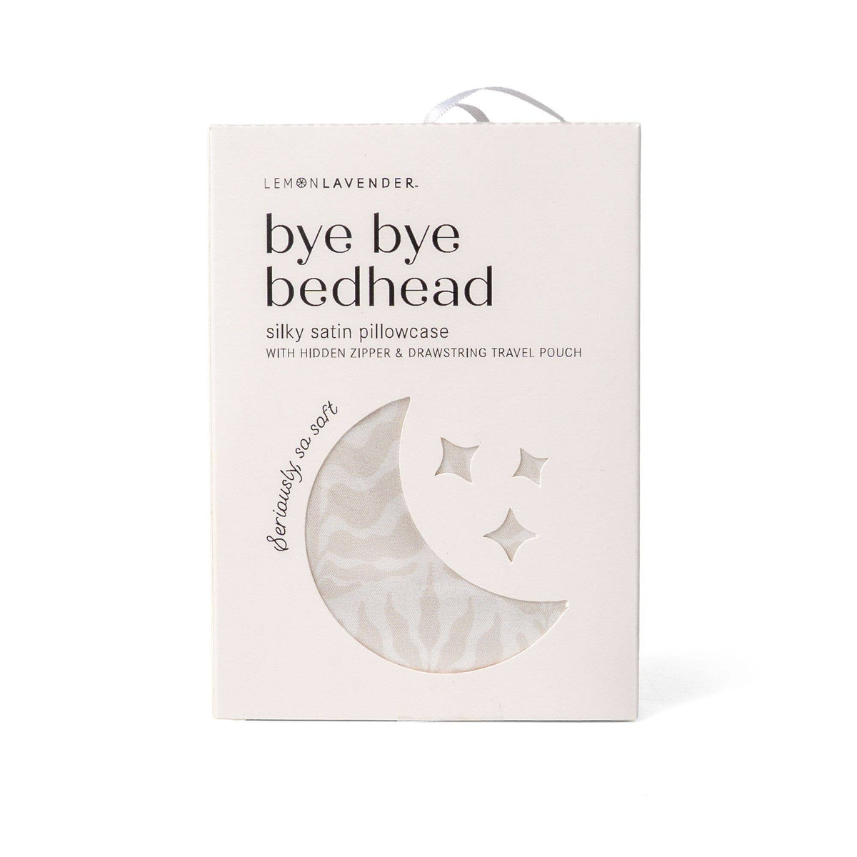 A white box labeled “Lemon Lavender Silky Pillowcase Pattern Assort” with a crescent moon and three stars cutout contains a silky satin pillowcase, hidden zipper, and drawstring travel pouch. Sizes available: standard, queen, king.