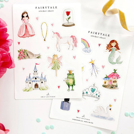Set of two matte vinyl fairytale sticker sheets, each with whimsical watercolor designs. Sizes available: 5x7 inches.