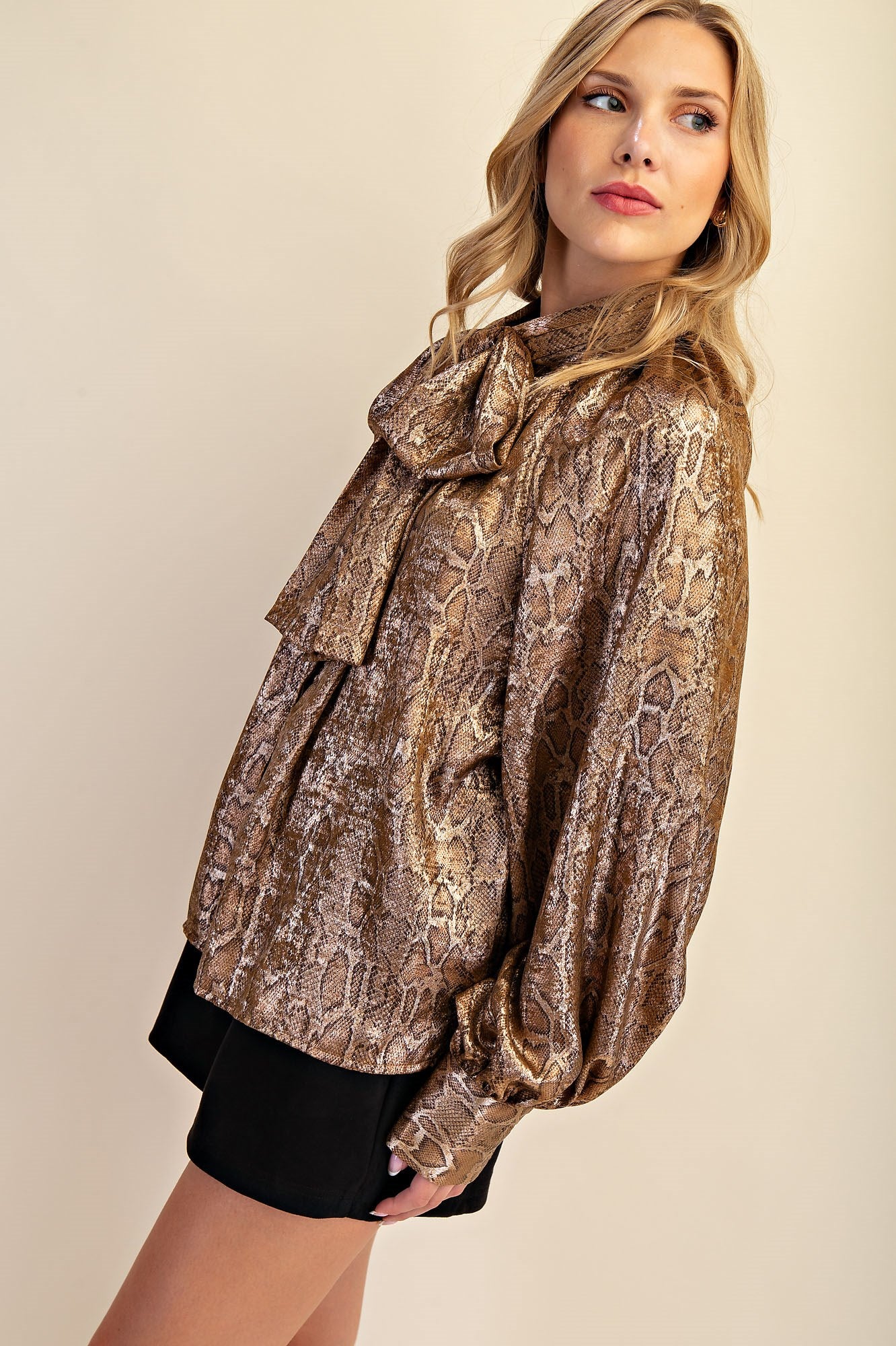 Camel Snake Print Tie-Neck Blouse