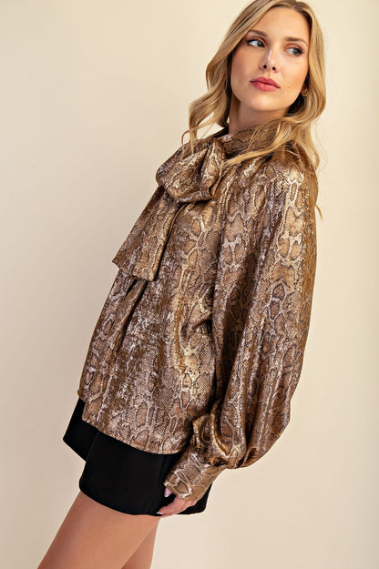 Camel Snake Print Tie-Neck Blouse