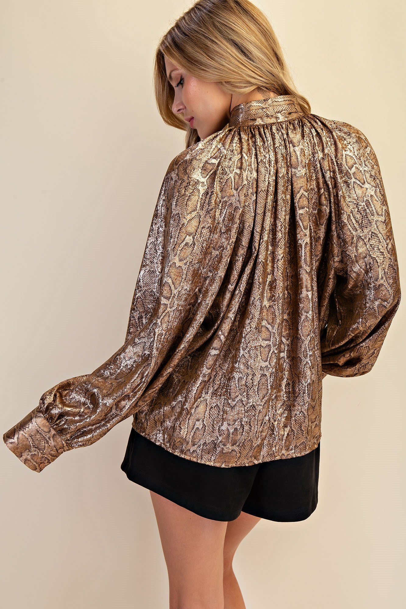 Camel Snake Print Tie-Neck Blouse