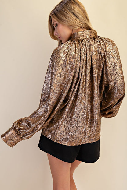 Camel Snake Print Tie-Neck Blouse