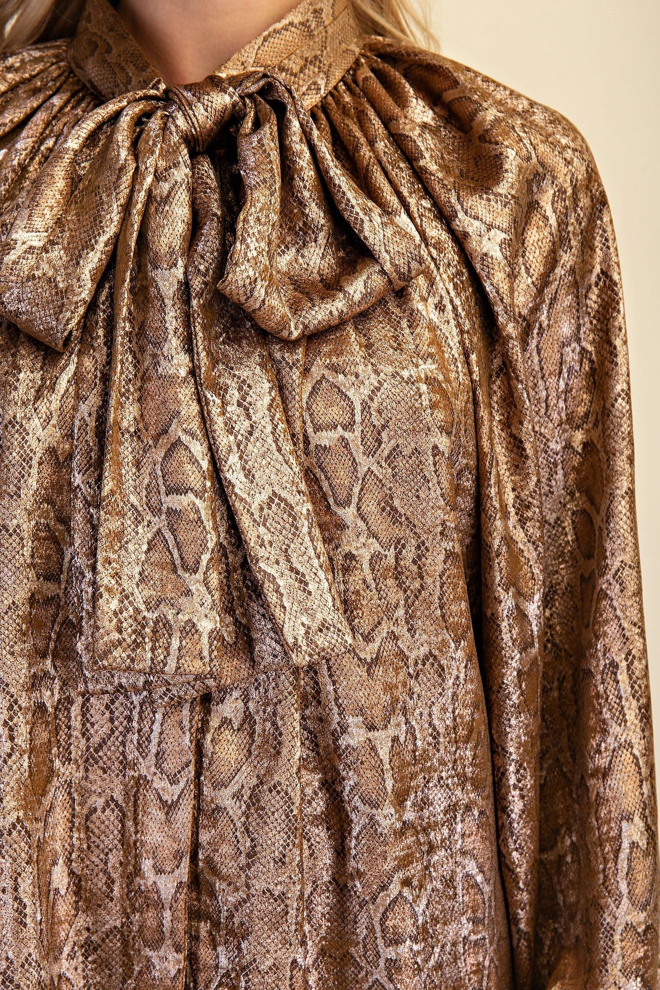 Camel Snake Print Tie-Neck Blouse