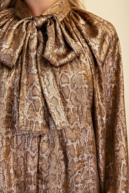 Camel Snake Print Tie-Neck Blouse