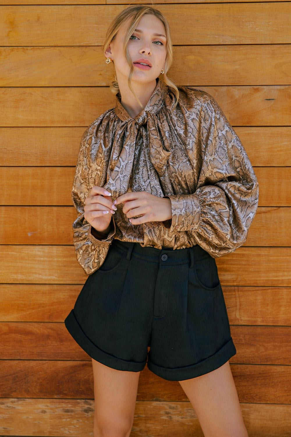 Camel Snake Print Tie-Neck Blouse