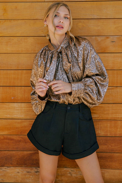 Camel Snake Print Tie-Neck Blouse