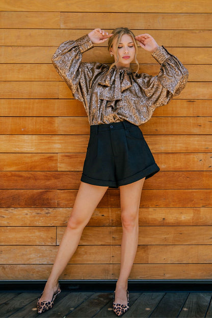 Camel Snake Print Tie-Neck Blouse