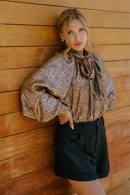 Camel Snake Print Tie-Neck Blouse