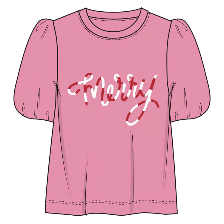 Pink Tina Merry corded top with short puff sleeves and candy cane-striped script “Merry” graphic.