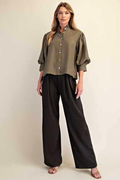 Olive Ruffle Neck Puff Sleeve Blouse