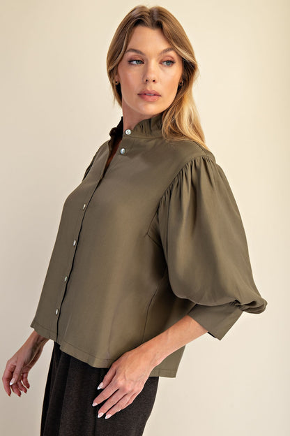 Olive Ruffle Neck Puff Sleeve Blouse