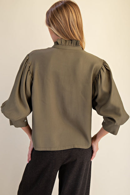 Olive Ruffle Neck Puff Sleeve Blouse