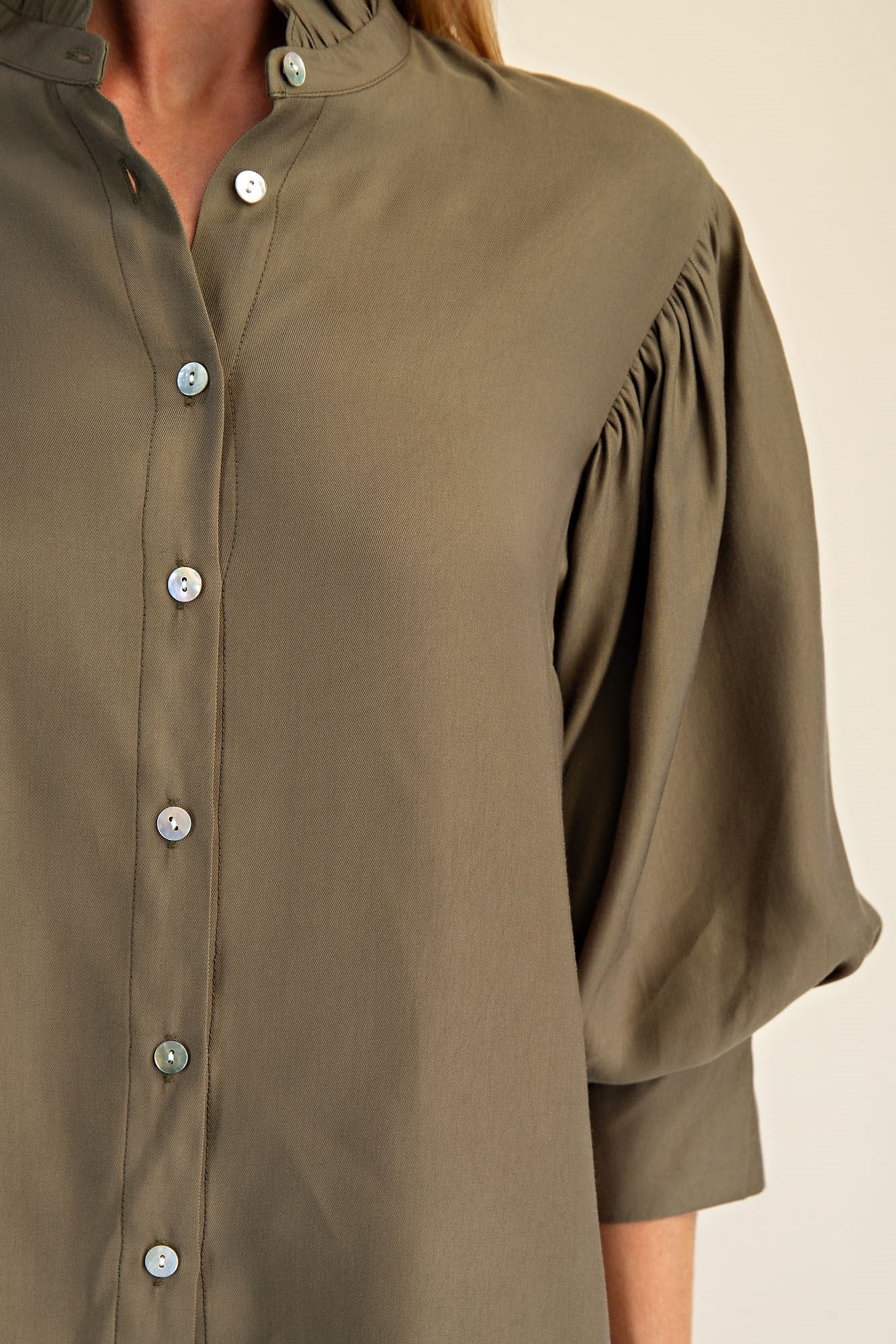 Olive Ruffle Neck Puff Sleeve Blouse