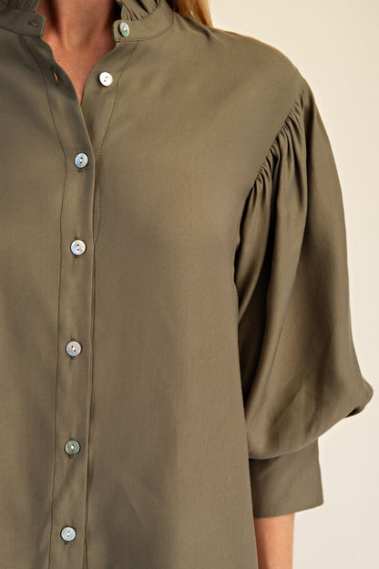 Olive Ruffle Neck Puff Sleeve Blouse