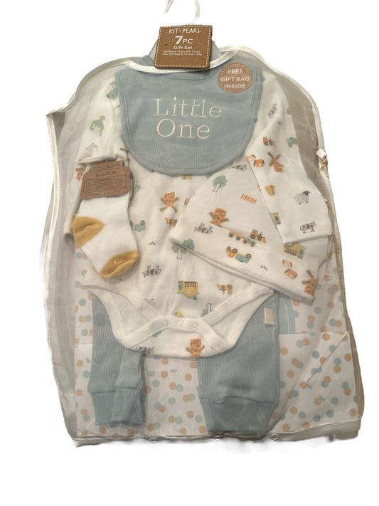 A Kit & Pearl 7 Piece Gift Set displayed in packaging, featuring a pastel-colored theme with animal prints. The set includes bodysuits, bibs, and socks. A tag reads "little one".