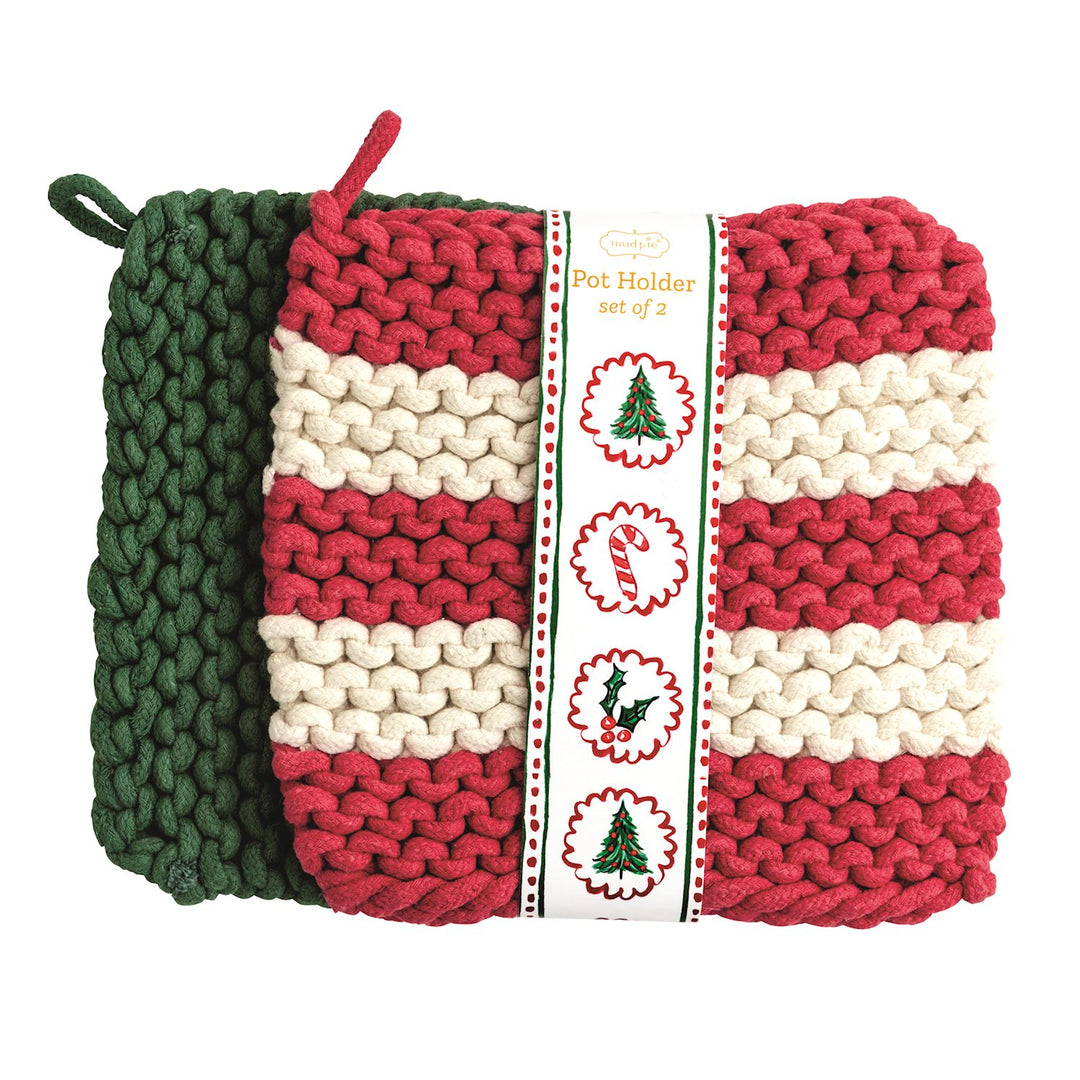 Holiday Knit Pot Holder Set with one solid green and one red and white striped pot holder.