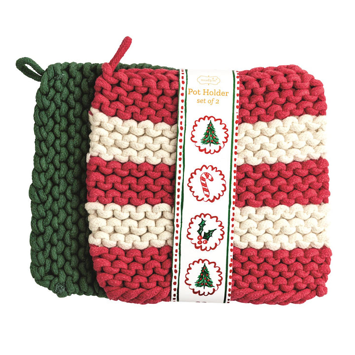Holiday Knit Pot Holder Set with one solid green and one red and white striped pot holder.