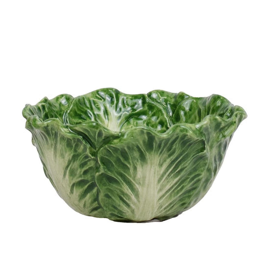 The Cabbage Bowl is a ceramic serving dish designed to resemble green lettuce leaves with detailed craftsmanship and a glossy finish. Available sizes: Small, Medium, Large.