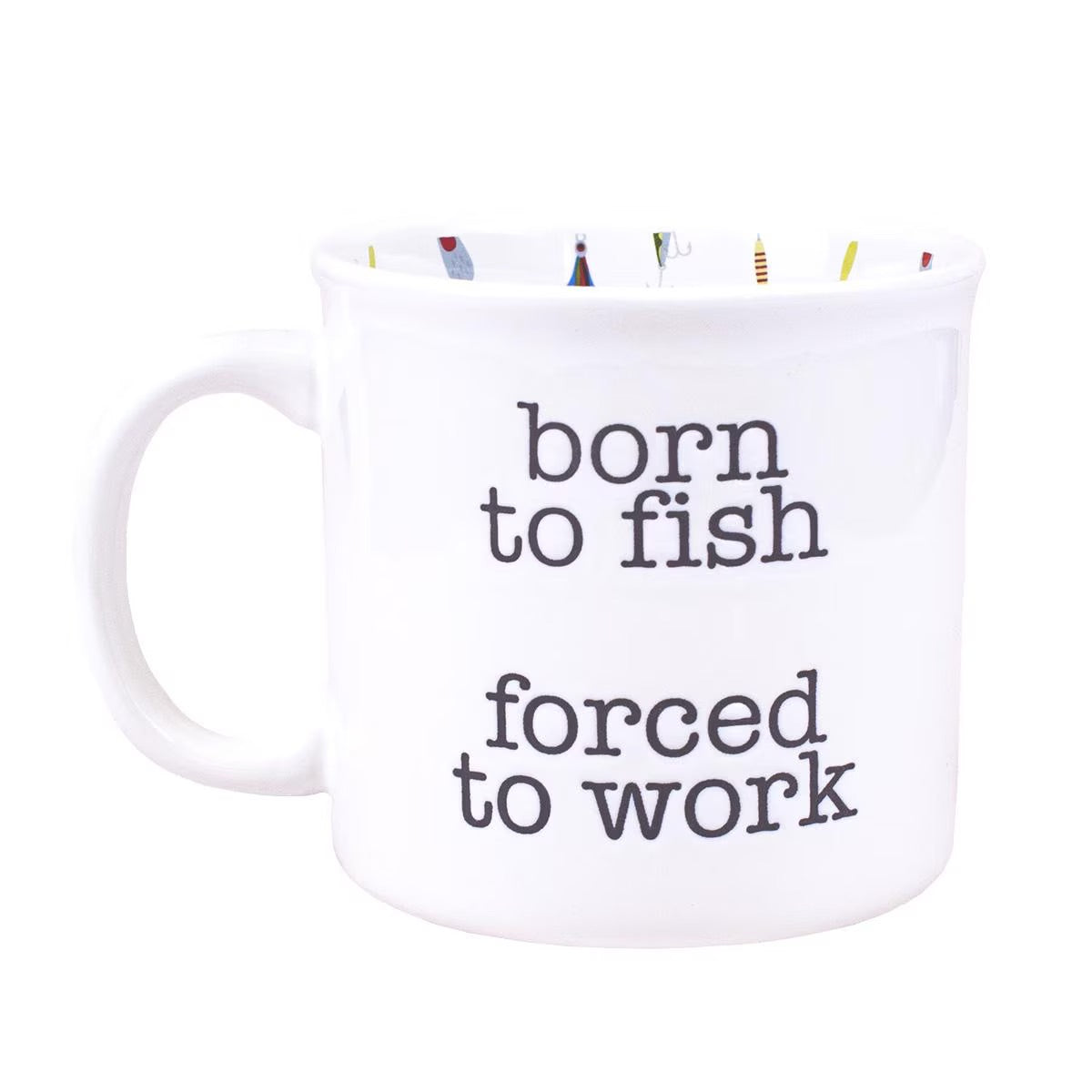 The Born to Fish Coffee Mug is a white mug with black text reading "Born to Fish, Forced to Work" and features a handle on the left side. Available in 11 oz and 15 oz sizes.