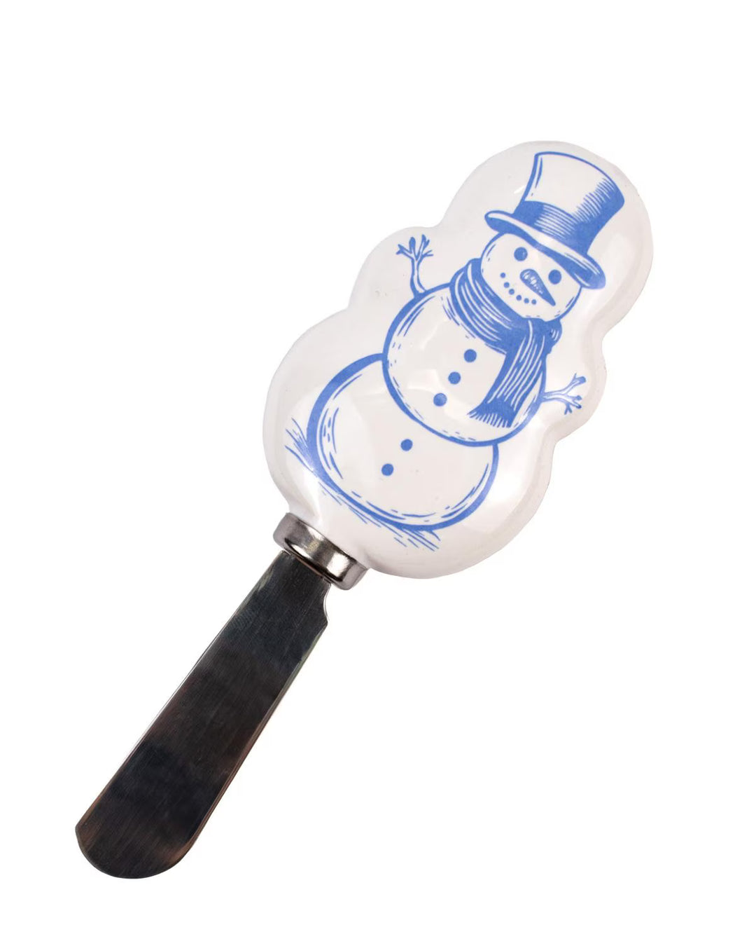 Winter Snowman Spreader with white ceramic handle and blue snowman line drawing.