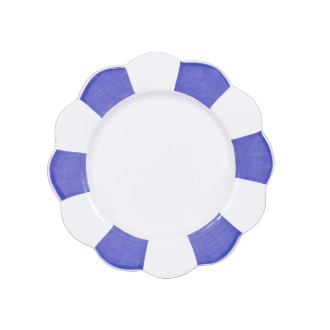 Blue Scallop Plate with wide blue stripes on white scalloped dolomite. Dishwasher and microwave-safe. Available in 8" and 10".