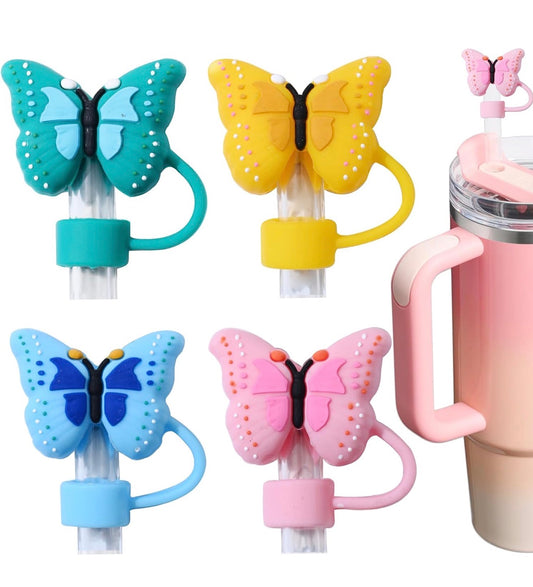 Four Butterfly Straw Covers in teal, yellow, blue, and pink. Available in small and large sizes.