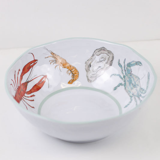 Seafood Melamine Bowl with colorful rim illustrations; available in 8" and 10" sizes. Ideal for outdoor entertaining.