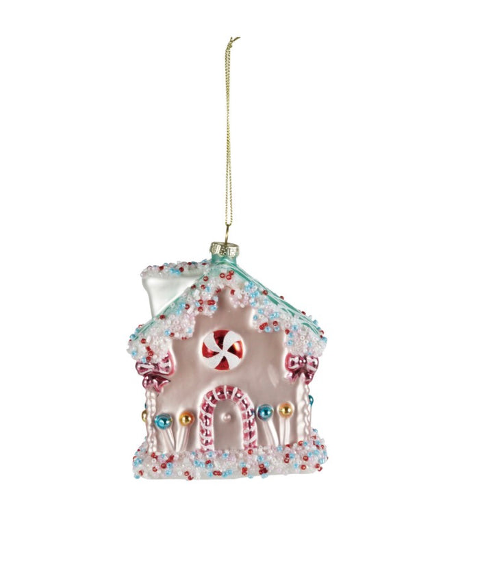 Glass Candy House Ornament, pink gingerbread house with beads, peppermint candies, and icing.