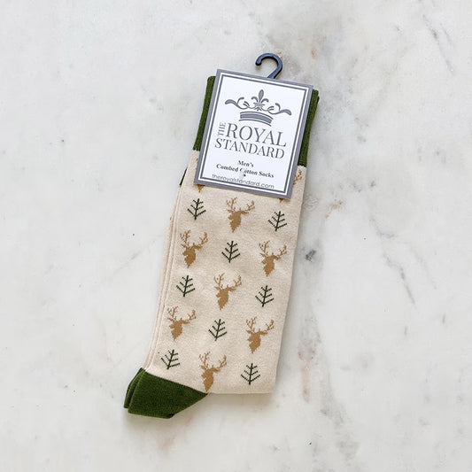 Beige men's socks with green cuffs, brown reindeer heads, and green tree branches. Available sizes: M, L.