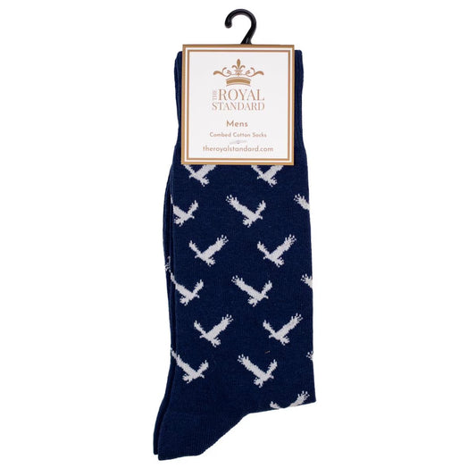 Navy blue men's socks with white eagle pattern and "The Royal Standard" label. Available in sizes 8-12.