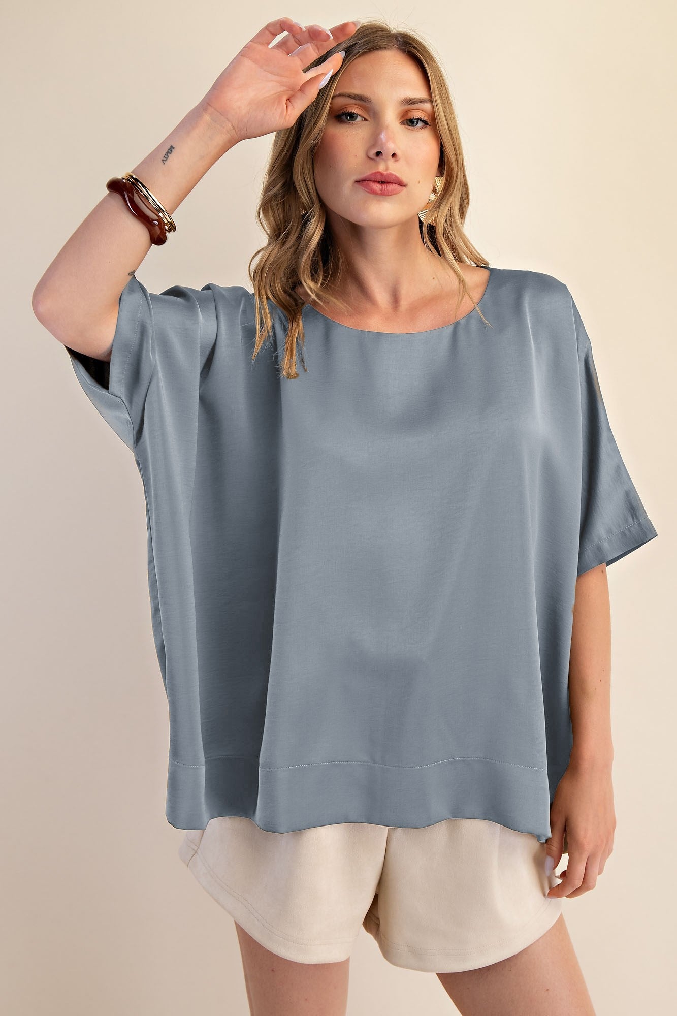 Slate Gray Round Neck Oversized Top, available in S-XL.