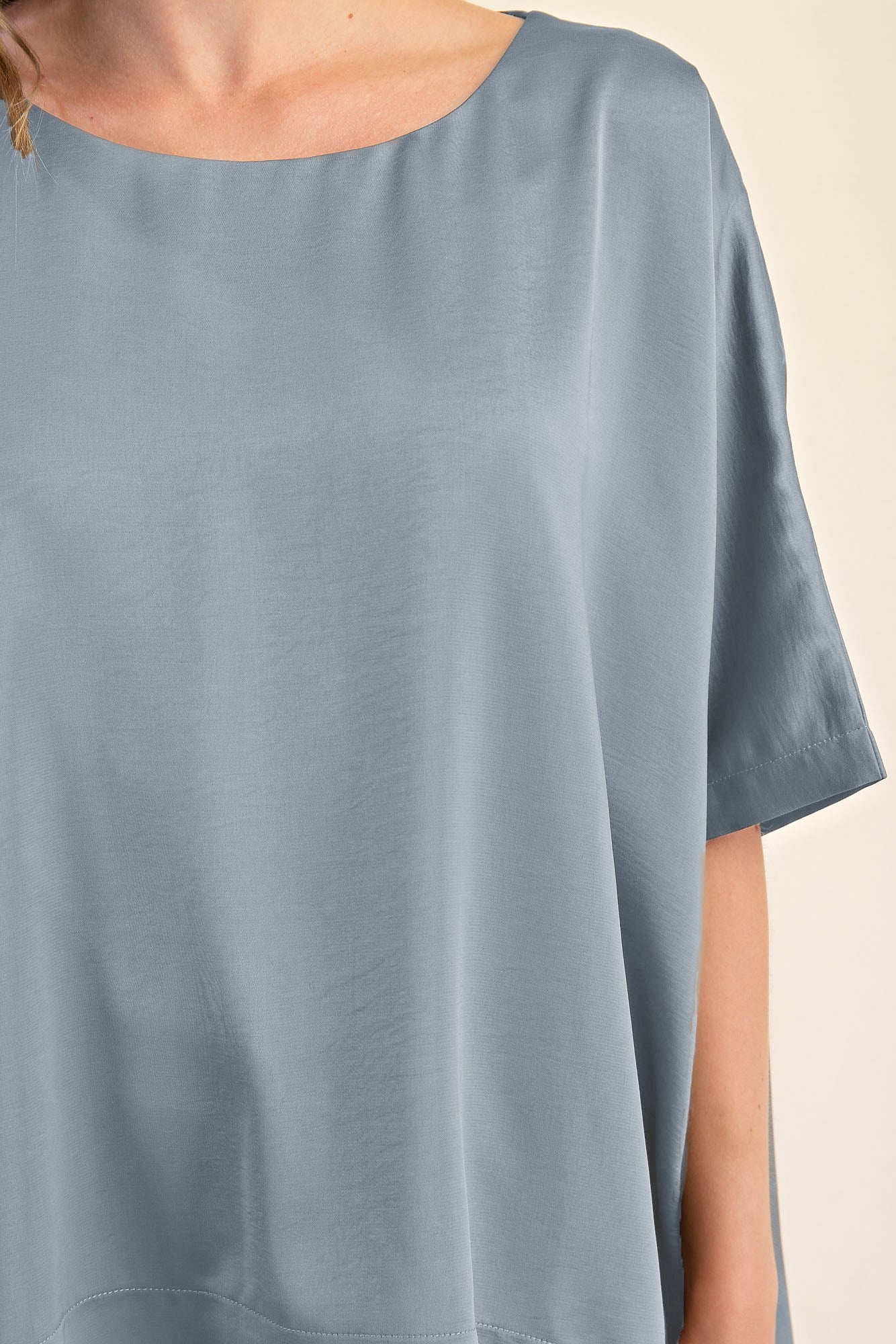 Slate Gray Round Neck Oversized Top with short sleeves. Available in sizes S, M, L, XL.