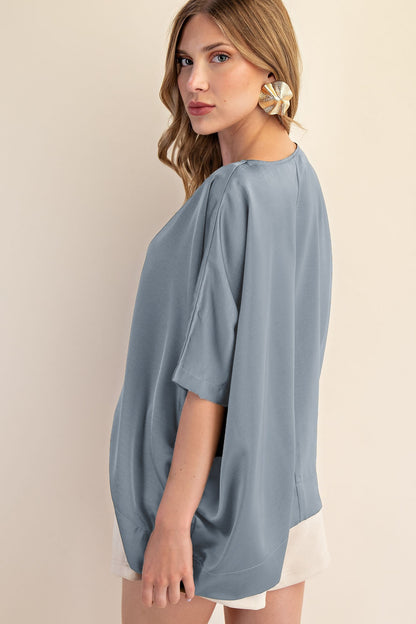Slate Gray Round Neck Oversized Top, available in sizes S-XL. Features a relaxed fit and short sleeves.