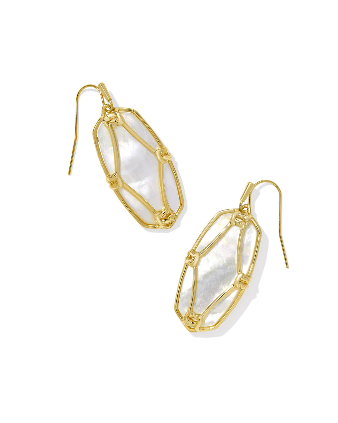 The Elle Lattice Frame Gold Drop Earring has irregular white stones in gold frames. Available sizes: small, medium, large.