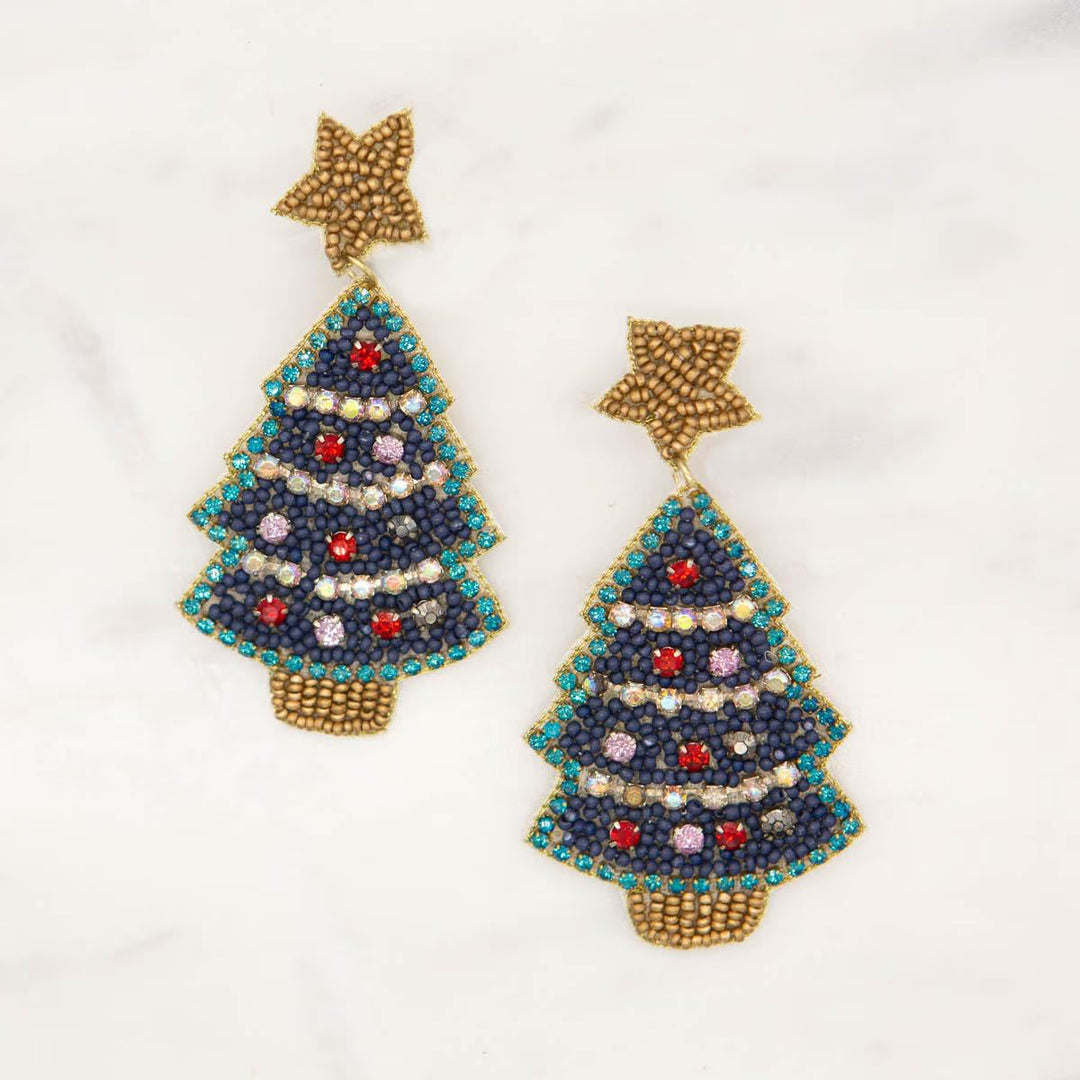 Beaded Christmas tree earrings with gold star topper and colorful gem ornaments. Available in various sizes.