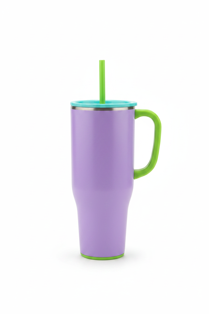 Ultraviolet Mega Tumbler, 40 oz, tall purple body, triple insulation, green handle and base, straw, turquoise lid.
