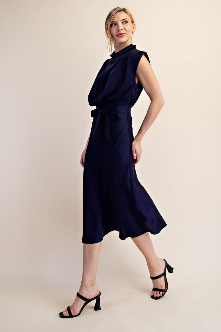 Navy Cowl Neck Midi Dress, sleeveless with tie waist. Available in sizes XS-XL.