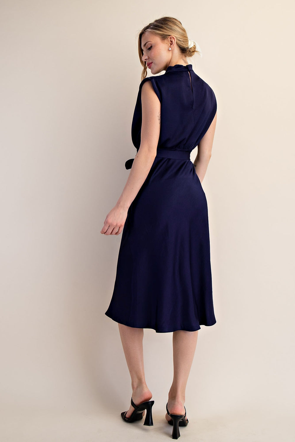 Navy Cowl Neck Midi Dress with tied waist, available in sizes XS-XL. Elegant choice for wedding guests.