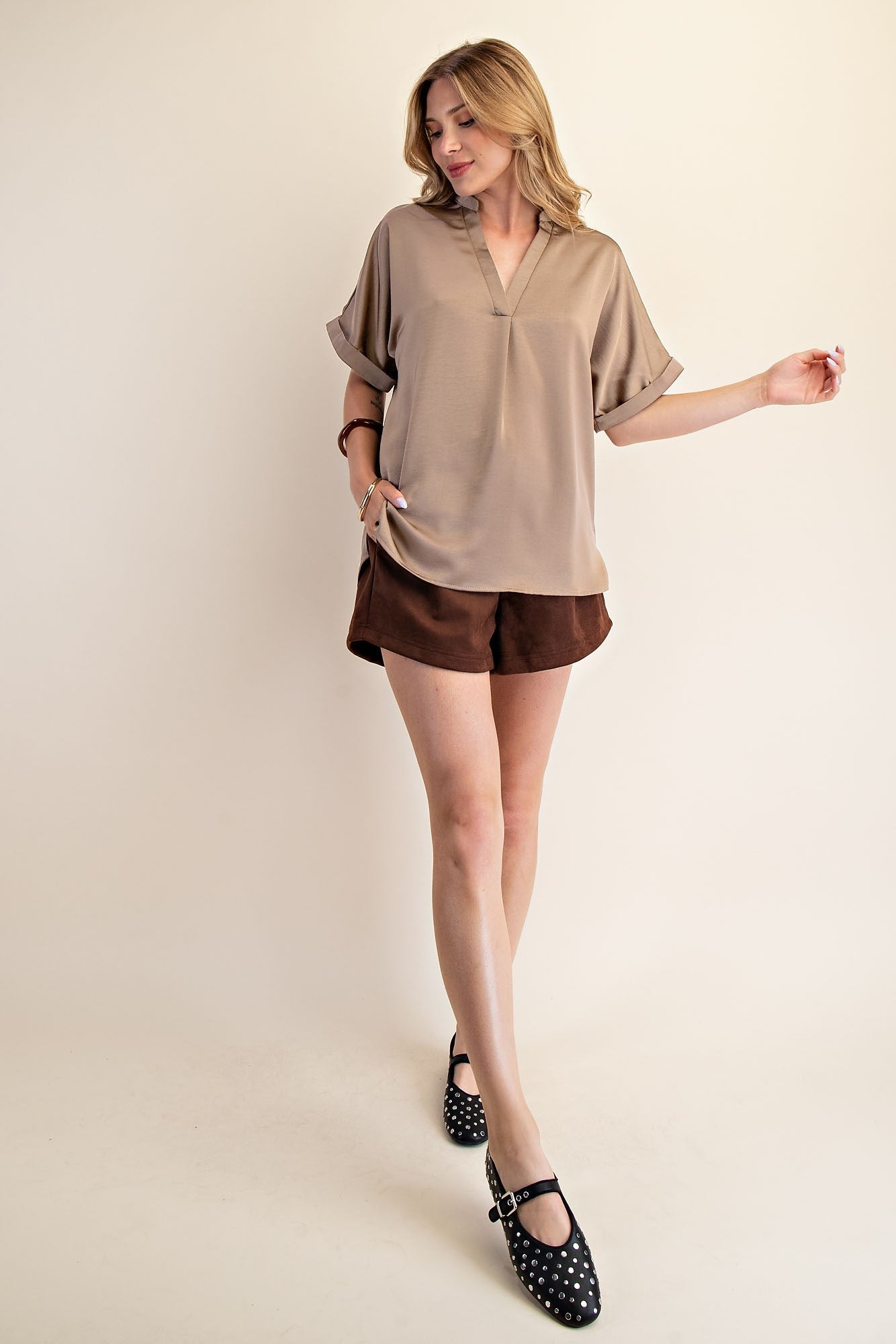 Mocha V-Neck Placket Cuffs Sleeve Top shown. Sizes available: XS-XL.