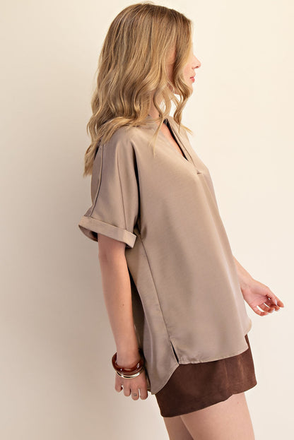 Mocha V-Neck Placket Cuffs Sleeve Top, versatile design; available in sizes XS-XL.