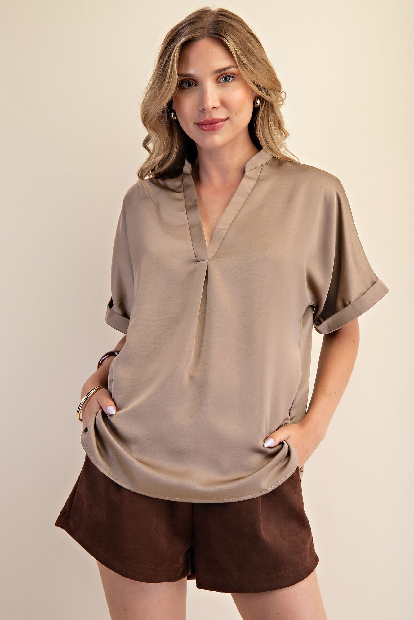 Mocha V-Neck Placket Cuffs Sleeve Top, available in sizes XS-XL. Simple design with cuffed sleeves and v-neckline.