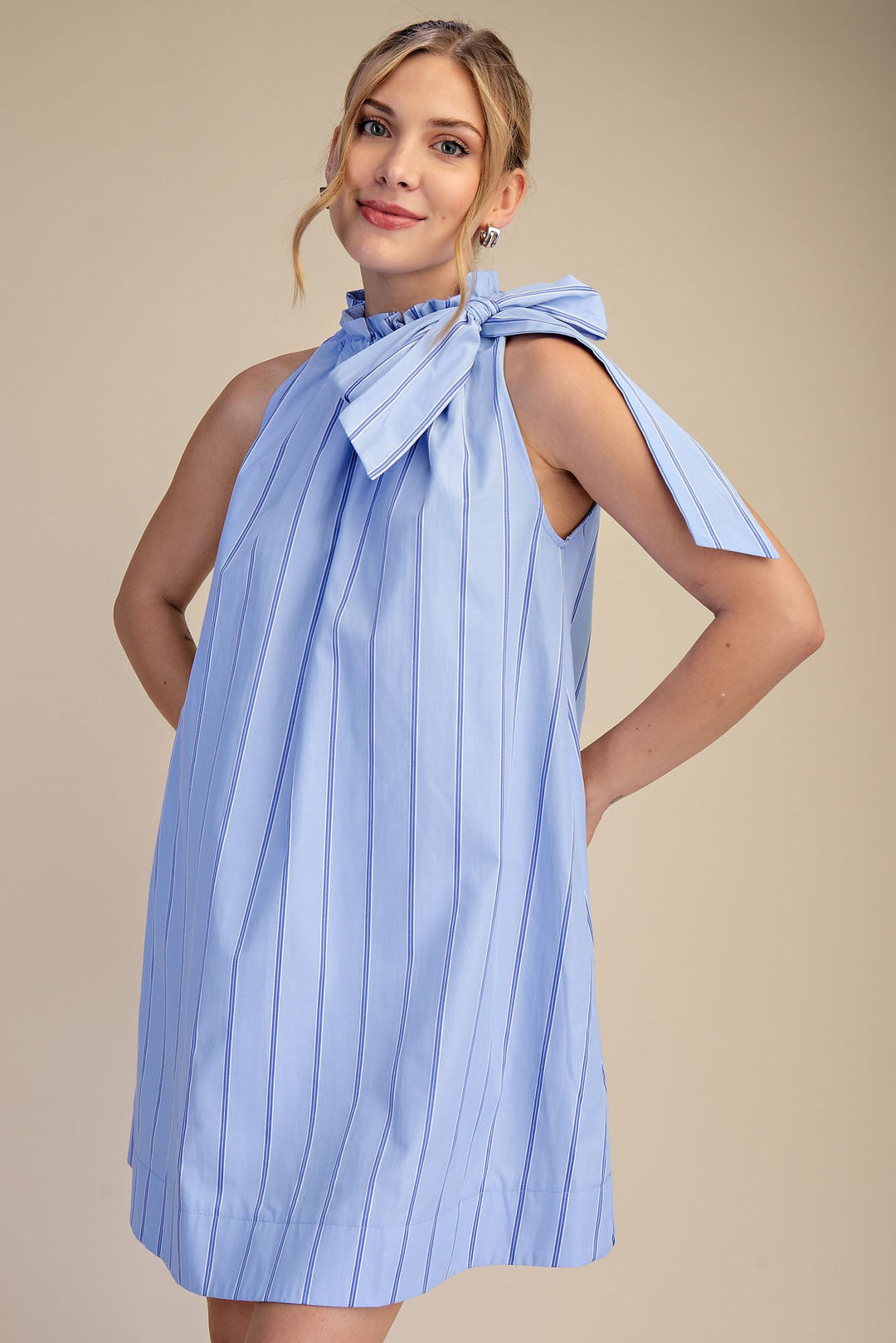 Pinstripe blue tie-neck sleeveless dress. Available in sizes XS–XL.
