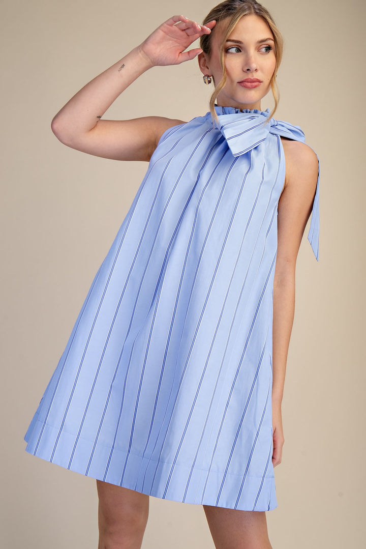 Pinstripe Blue Tie-Neck Sleeveless Dress with vertical white/dark blue stripes, neckline bow; sizes XS-XL.