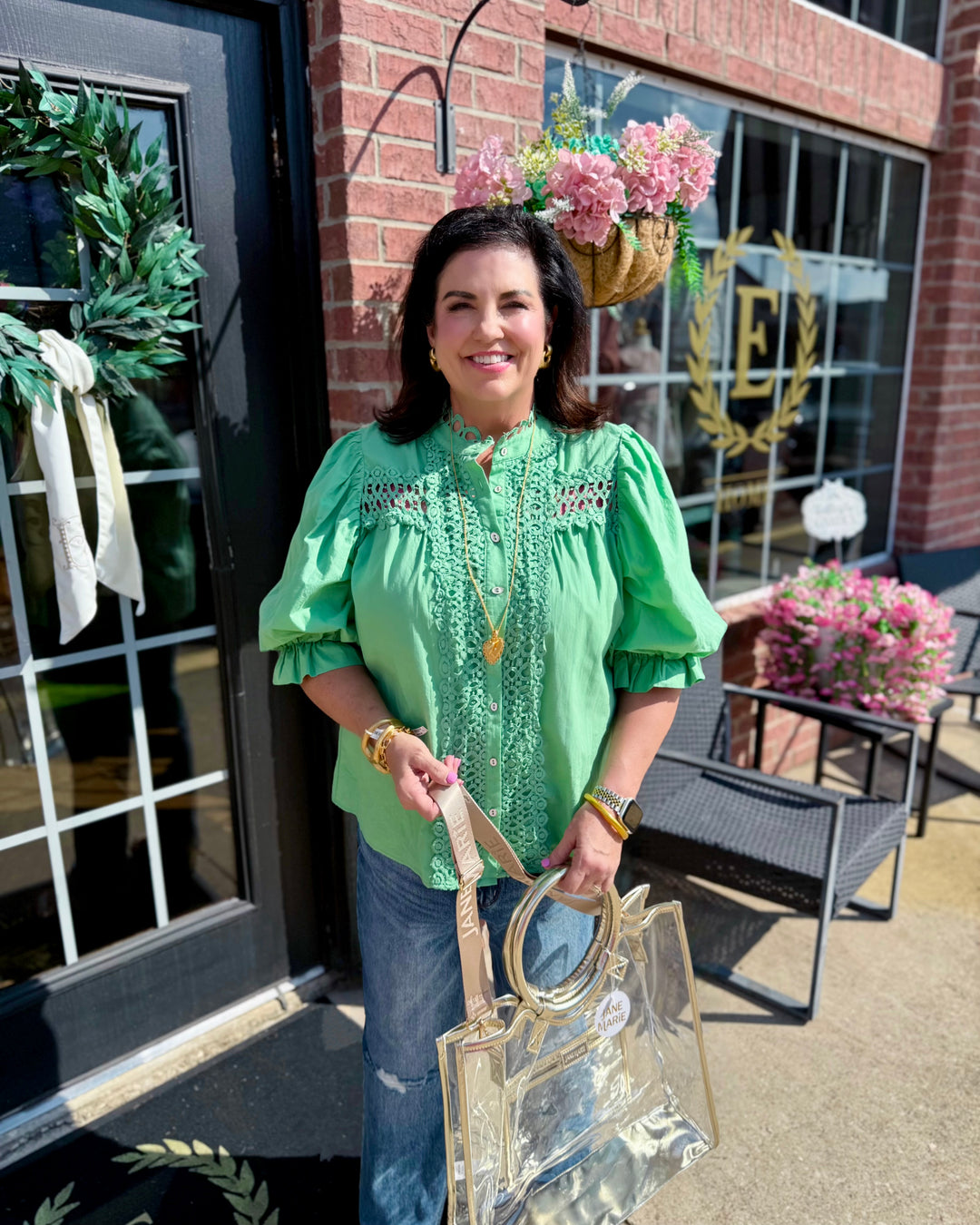 Mint Button Down Blouse in vibrant green with balloon sleeves, 100% cotton. Available in sizes XS–XL.