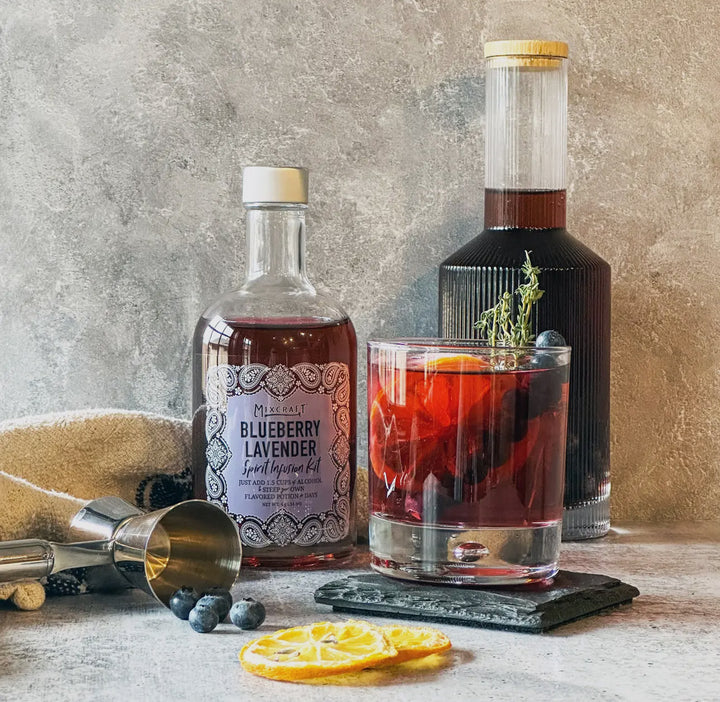 Blueberry lavender cocktail in glass, made with Spirit InFusion Kit. Kit available in 16oz and 32oz sizes.