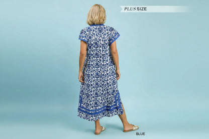 Blue Abstract Two Tone Print Midi Dress with short sleeves, flowy fit, available in plus sizes.