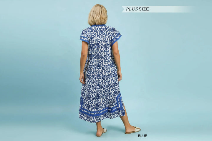 Blue Abstract Two Tone Print Midi Dress with short sleeves, flowy fit, available in plus sizes.